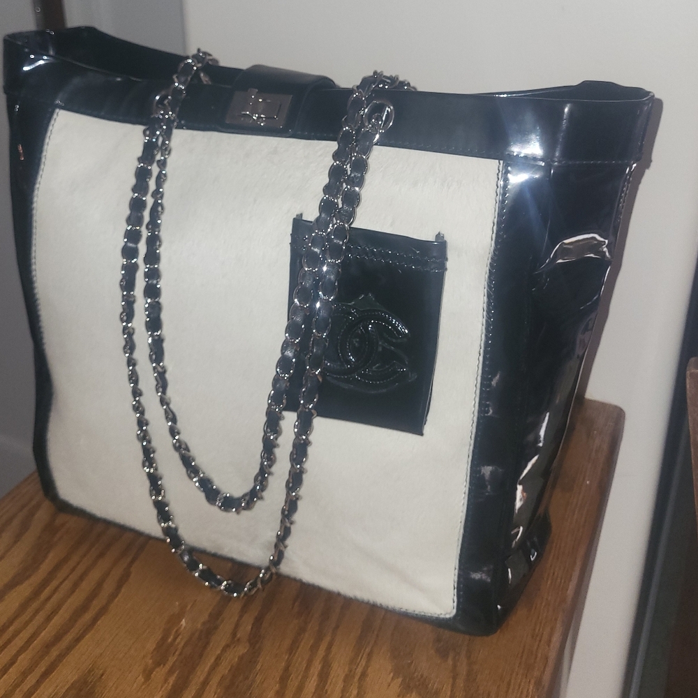 Chanel Black Patent Leather and White Pony Hair*  Runway Tote